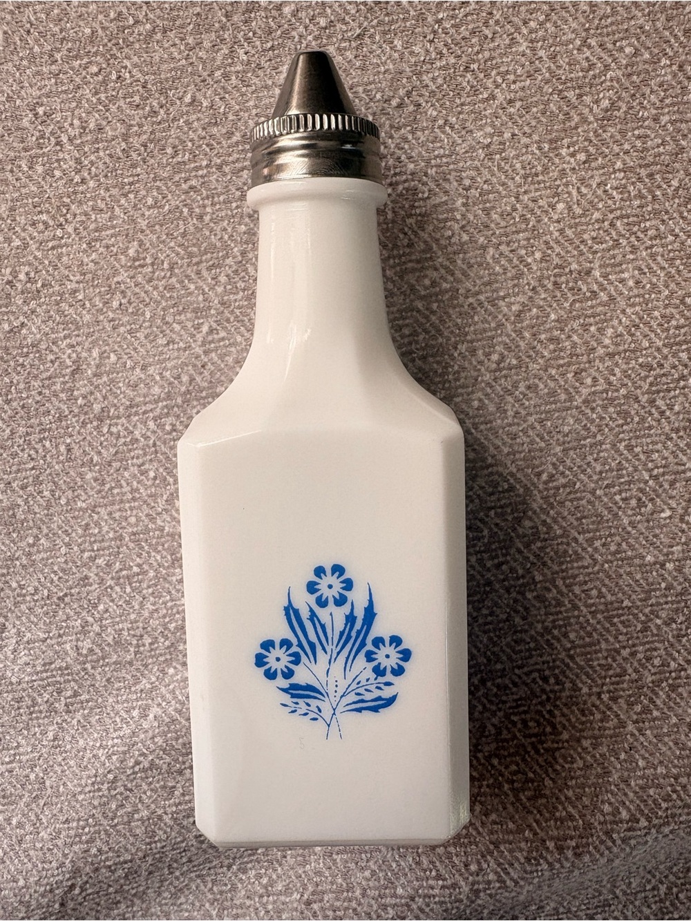 Vintage VanPak Milk Glass "Blue Cornflower" Vinegar Bottle with Metal Cap. Great